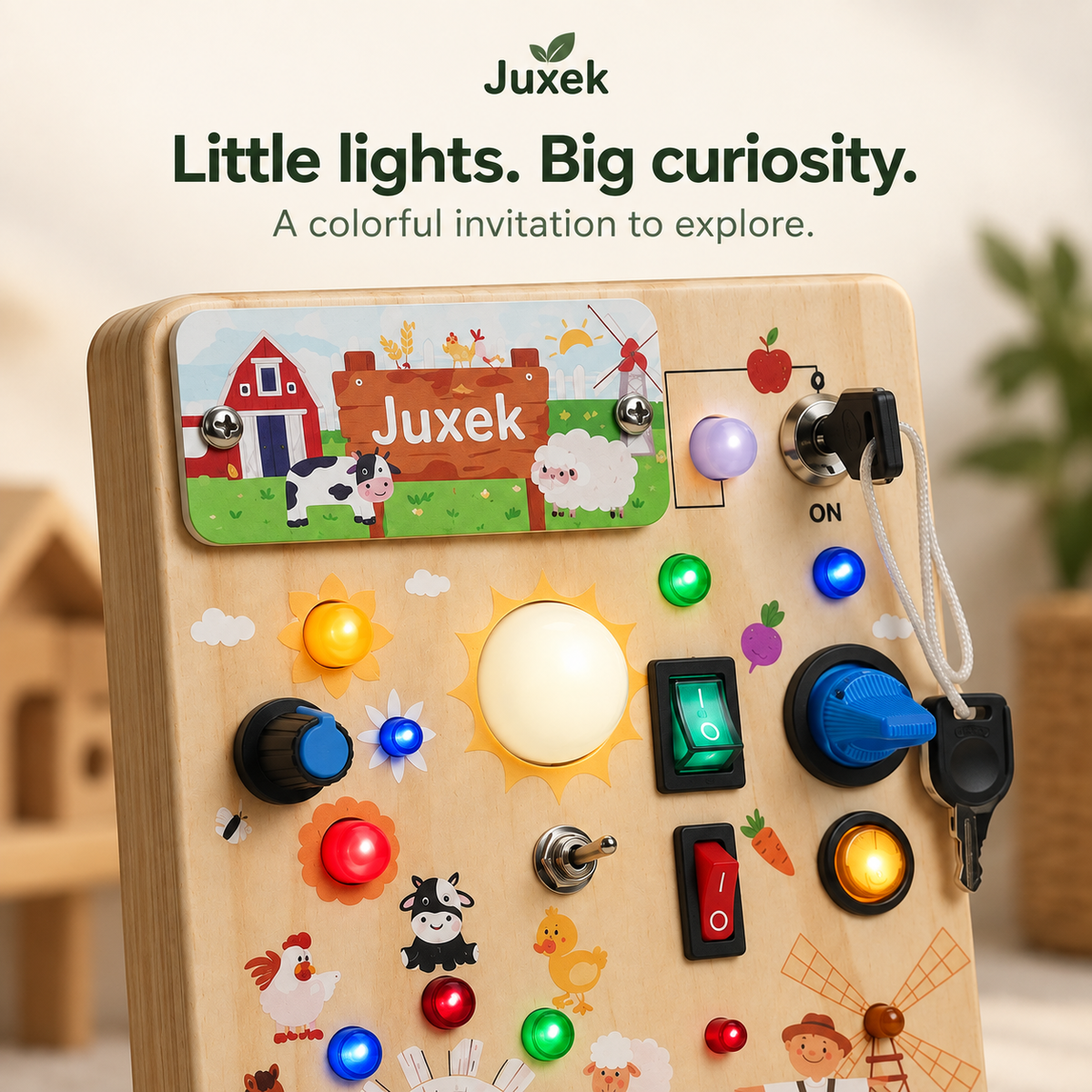 Juxek Wooden LED Busy Board – Farm-Themed Switch & Light Activity Toy