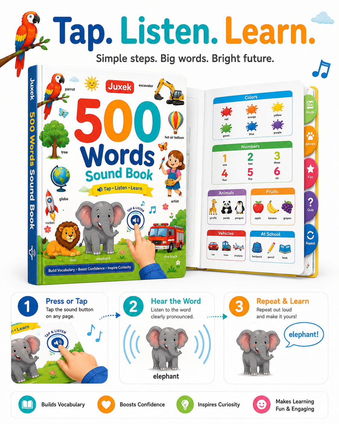 Juxek™ 500 Words Interactive Sound Book – Early Learning Vocabulary Book for Kids