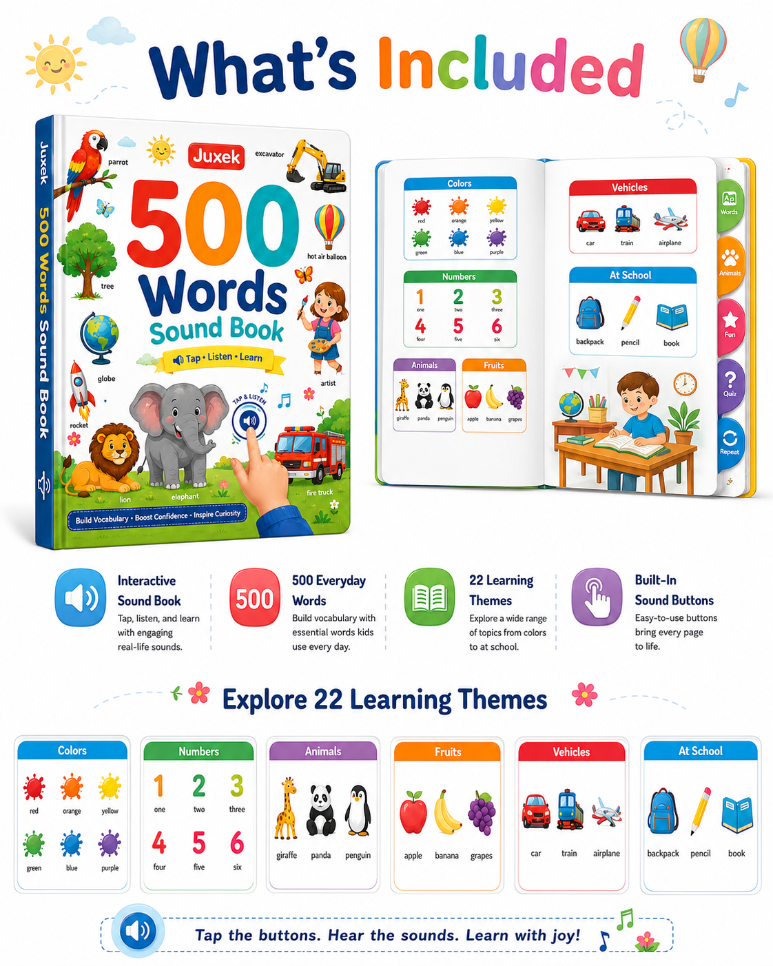 Juxek™ 500 Words Interactive Sound Book – Early Learning Vocabulary Book for Kids