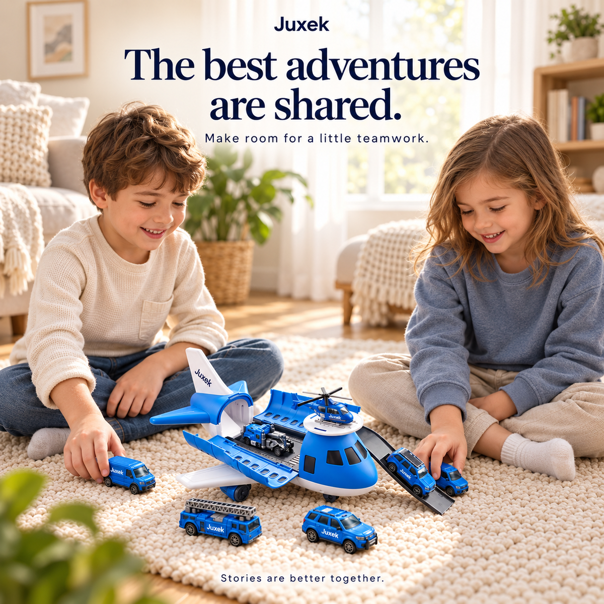 Juxek Transforming Airplane Playset™ – 3-in-1 Foldable Aircraft Carrier Toy with Mini Vehicles, Helicopter & Adventure Play Scenes