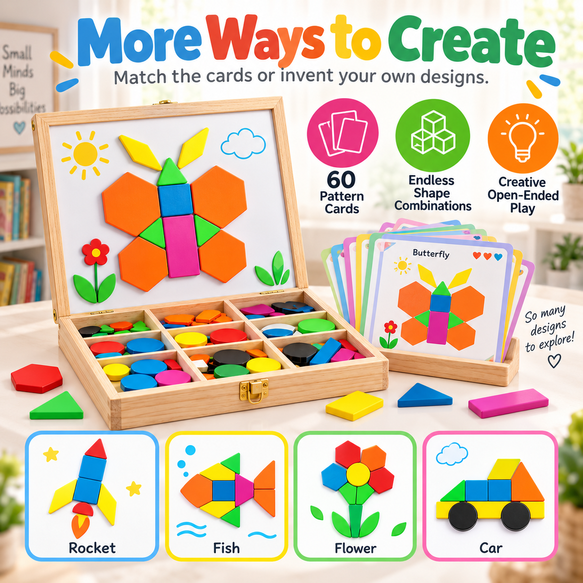 Juxek Magnetic Pattern Blocks – 248PCS Montessori STEM Learning Toy for Kids, Creative Shape Puzzle Game with 60 Design Cards for Toddlers & Children