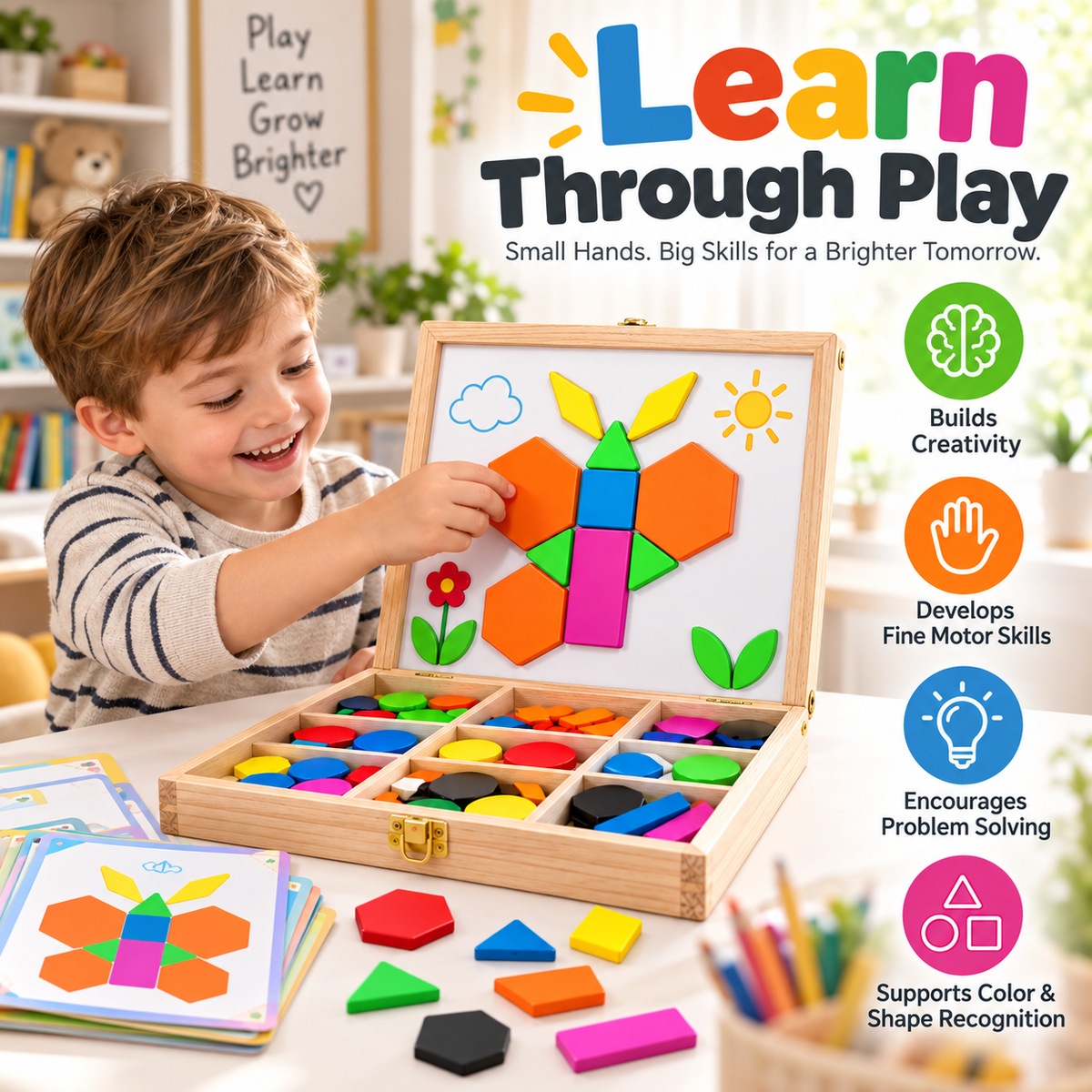 Juxek Magnetic Pattern Blocks – 248PCS Montessori STEM Learning Toy for Kids, Creative Shape Puzzle Game with 60 Design Cards for Toddlers & Children