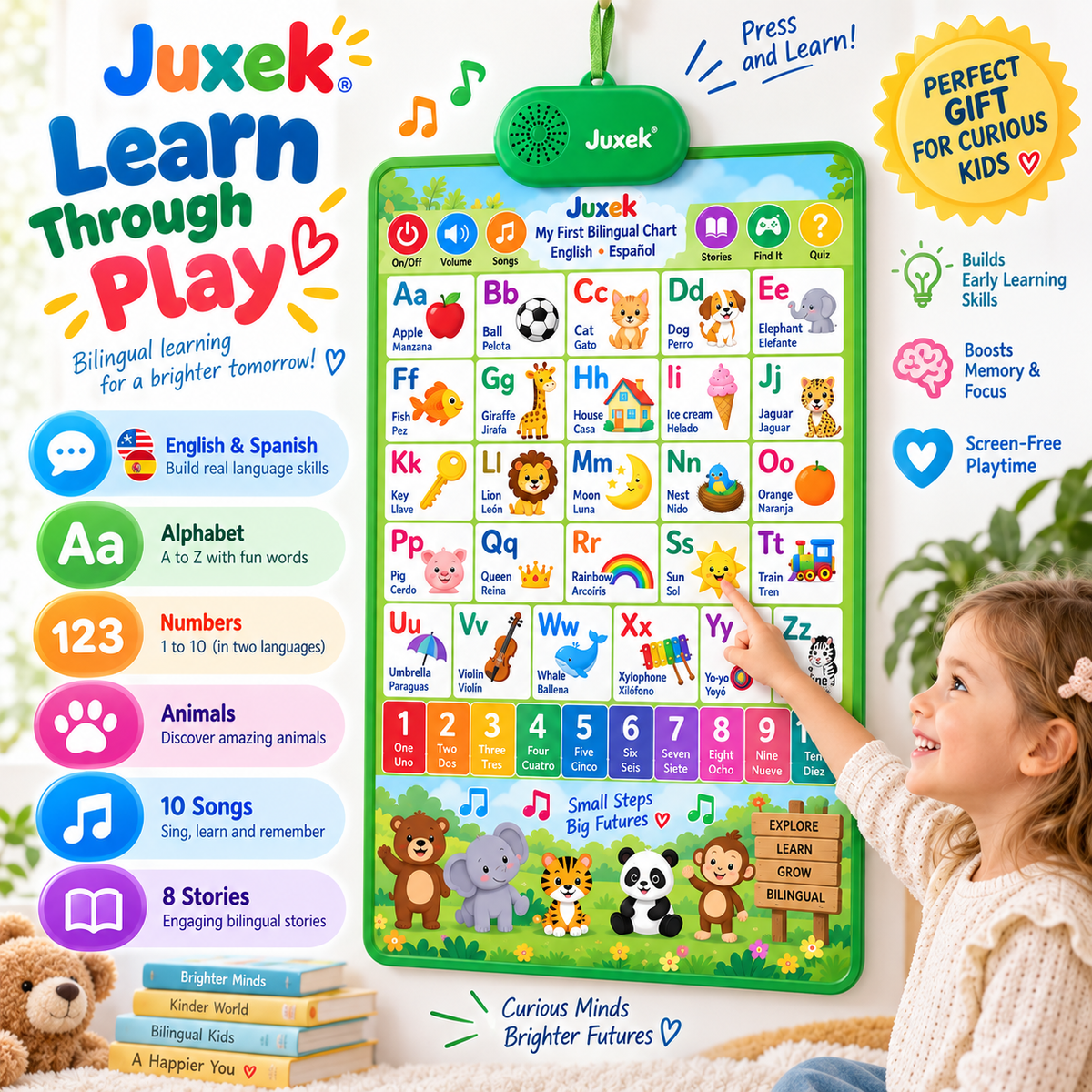 Juxek™ Interactive Bilingual Talking Wall Chart for Kids – English & Spanish Learning Toy