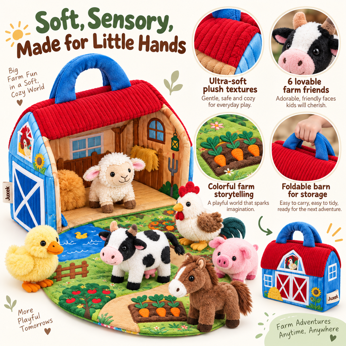 Juxek Fold & Play Farm Adventure Set – Plush Animal Sensory Barn for Toddlers