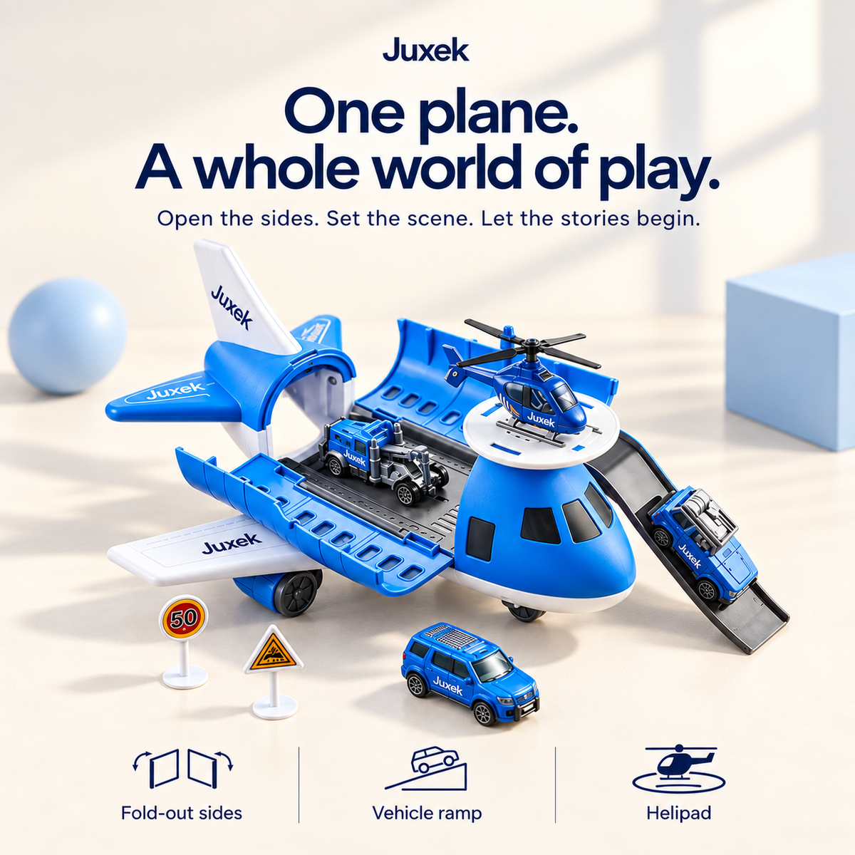 Juxek Transforming Airplane Playset™ – 3-in-1 Foldable Aircraft Carrier Toy with Mini Vehicles, Helicopter & Adventure Play Scenes