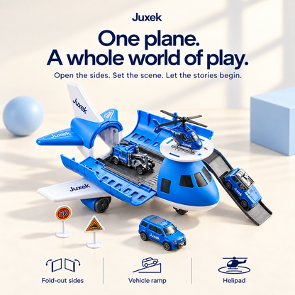 Juxek Transforming Airplane Playset™ – 3-in-1 Foldable Aircraft Carrier Toy with Mini Vehicles, Helicopter & Adventure Play Scenes