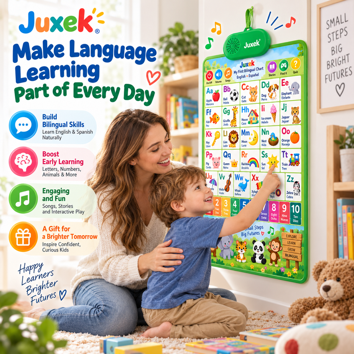 Juxek™ Interactive Bilingual Talking Wall Chart for Kids – English & Spanish Learning Toy