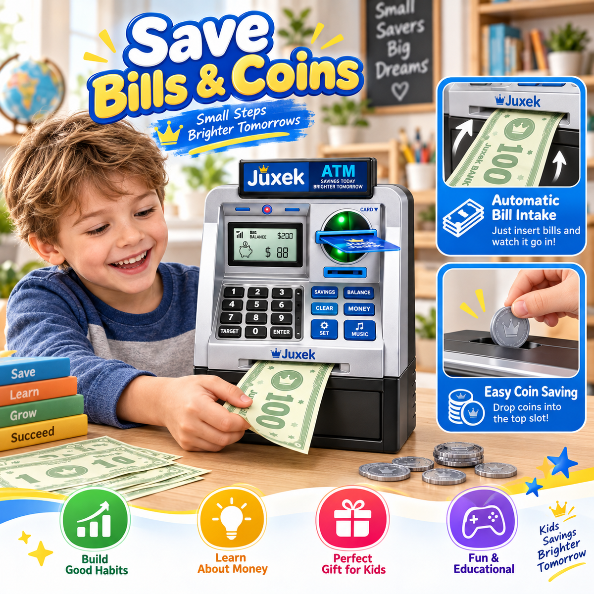 Juxek Kids ATM Piggy Bank – Interactive Money Saving Bank with Card & Password