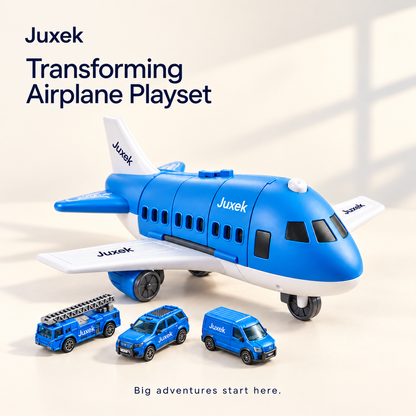 Juxek Transforming Airplane Playset™ – 3-in-1 Foldable Aircraft Carrier Toy with Mini Vehicles, Helicopter & Adventure Play Scenes