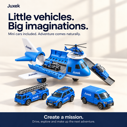 Juxek Transforming Airplane Playset™ – 3-in-1 Foldable Aircraft Carrier Toy with Mini Vehicles, Helicopter & Adventure Play Scenes