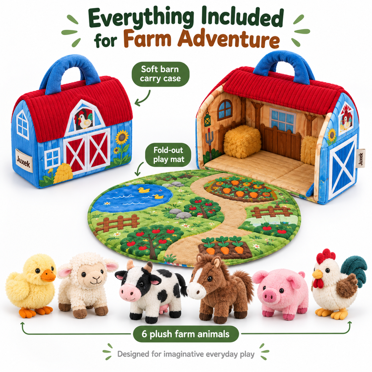 Juxek Fold & Play Farm Adventure Set – Plush Animal Sensory Barn for Toddlers