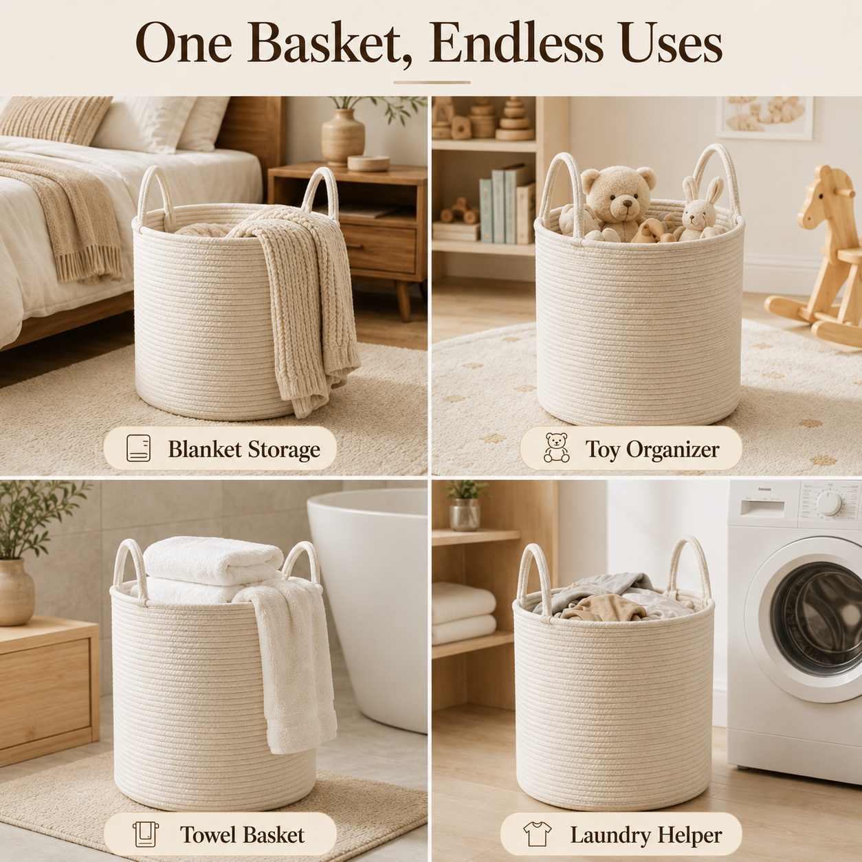 Juxek Premium Woven Toy Storage Basket – Large Cotton Rope Organizer for Kids Room