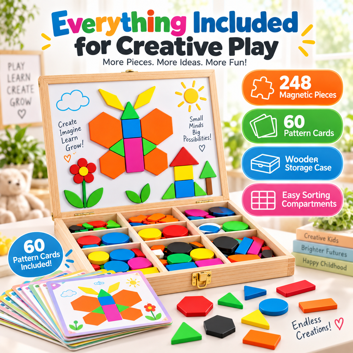 Juxek Magnetic Pattern Blocks – 248PCS Montessori STEM Learning Toy for Kids, Creative Shape Puzzle Game with 60 Design Cards for Toddlers & Children