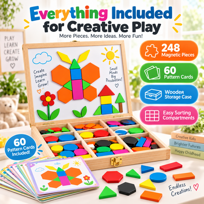 Juxek Magnetic Pattern Blocks – 248PCS Montessori STEM Learning Toy for Kids, Creative Shape Puzzle Game with 60 Design Cards for Toddlers & Children
