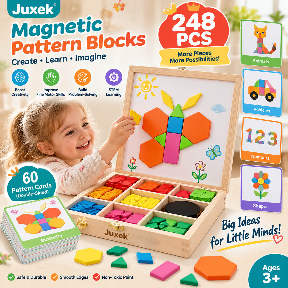 Juxek Magnetic Pattern Blocks – 248PCS Montessori STEM Learning Toy for Kids, Creative Shape Puzzle Game with 60 Design Cards for Toddlers & Children