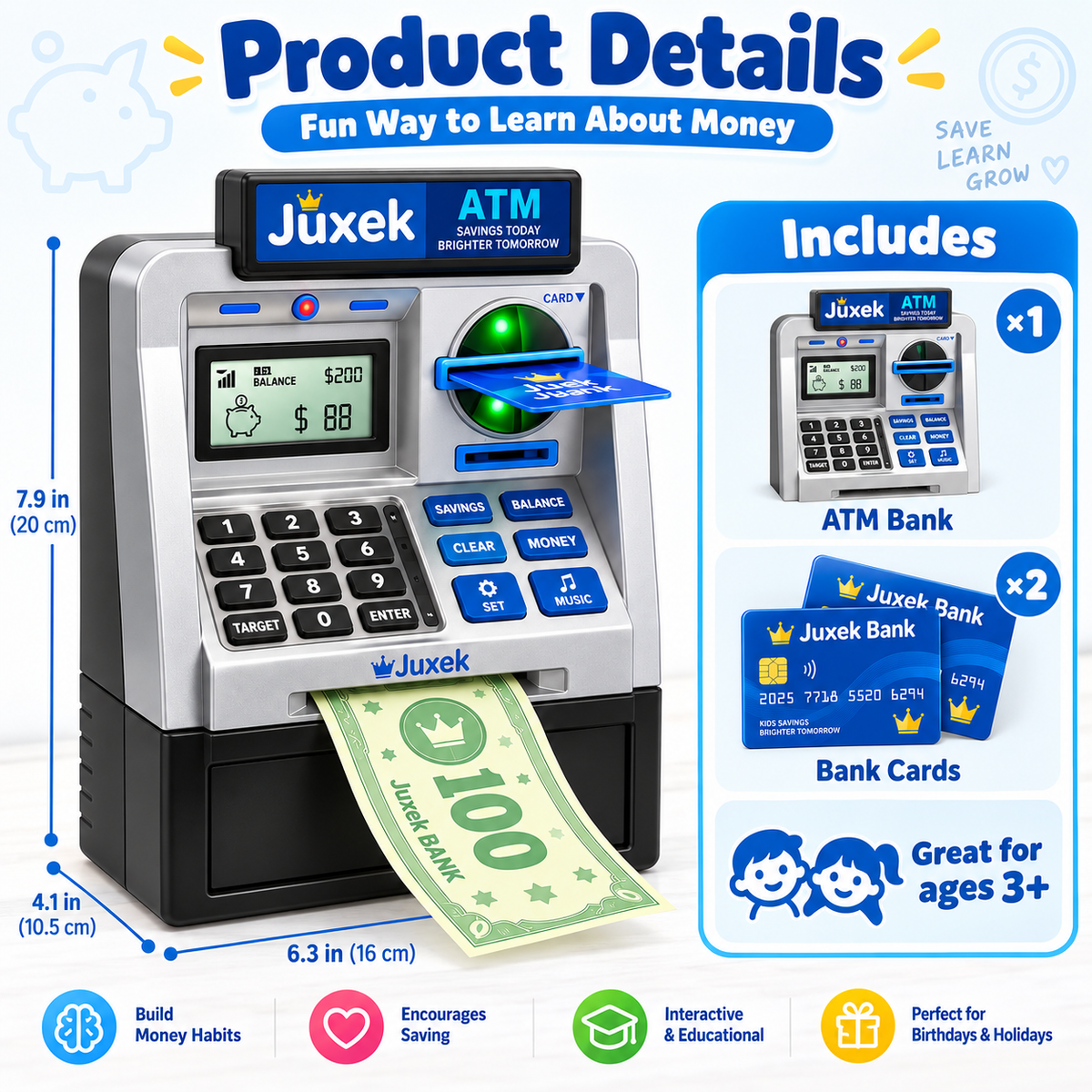 Juxek Kids ATM Piggy Bank – Interactive Money Saving Bank with Card & Password