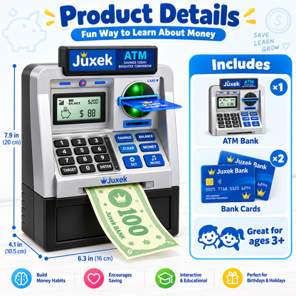 Juxek Kids ATM Piggy Bank – Interactive Money Saving Bank with Card & Password