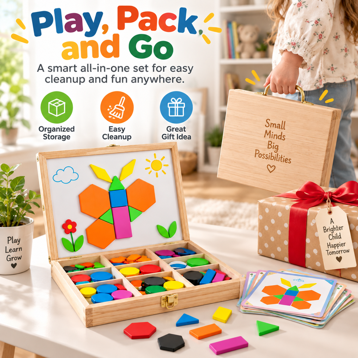 Juxek Magnetic Pattern Blocks – 248PCS Montessori STEM Learning Toy for Kids, Creative Shape Puzzle Game with 60 Design Cards for Toddlers & Children