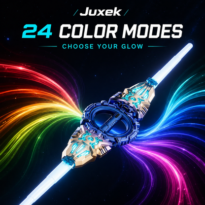 Juxek Retractable LED Light Sword, 24 Color Modes, 360° Spinning Dual-Blade Toy with Sound Effects & USB-C Charging for Cosplay, Parties and Gifts