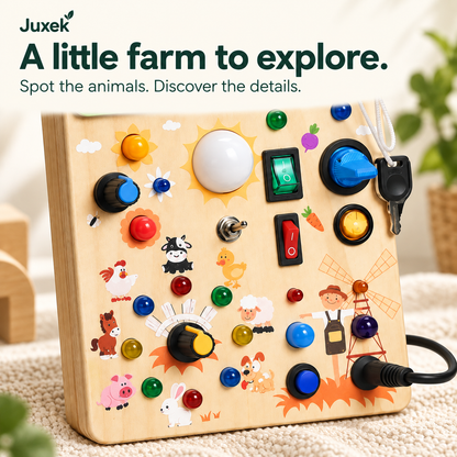 Juxek Wooden LED Busy Board – Farm-Themed Switch & Light Activity Toy