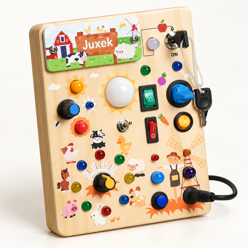 Juxek Wooden LED Busy Board – Farm-Themed Switch & Light Activity Toy