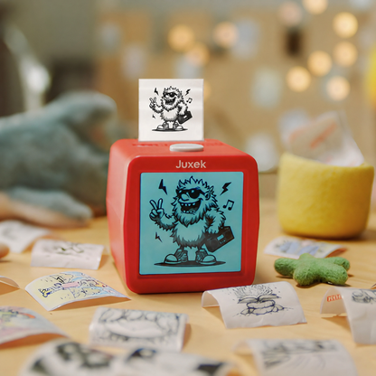 Juxek Q15 AI Voice-Activated Mini Sticker Printer with Screen, Red Inkless Thermal Printer with 5 Rolls Instant-Print Paper and 5 Rolls Self-Adhesive Paper