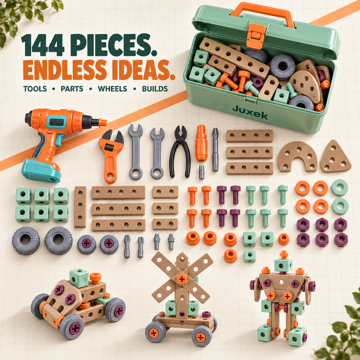 Juxek Mini Maker Toolbox™ — 144-Piece Kids Construction & Tool Set