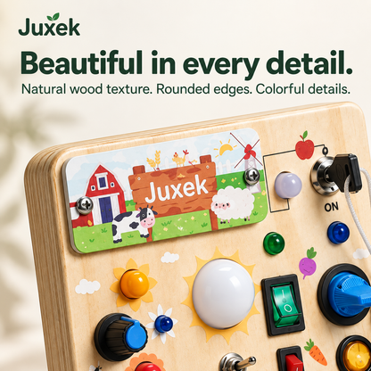 Juxek Wooden LED Busy Board – Farm-Themed Switch & Light Activity Toy