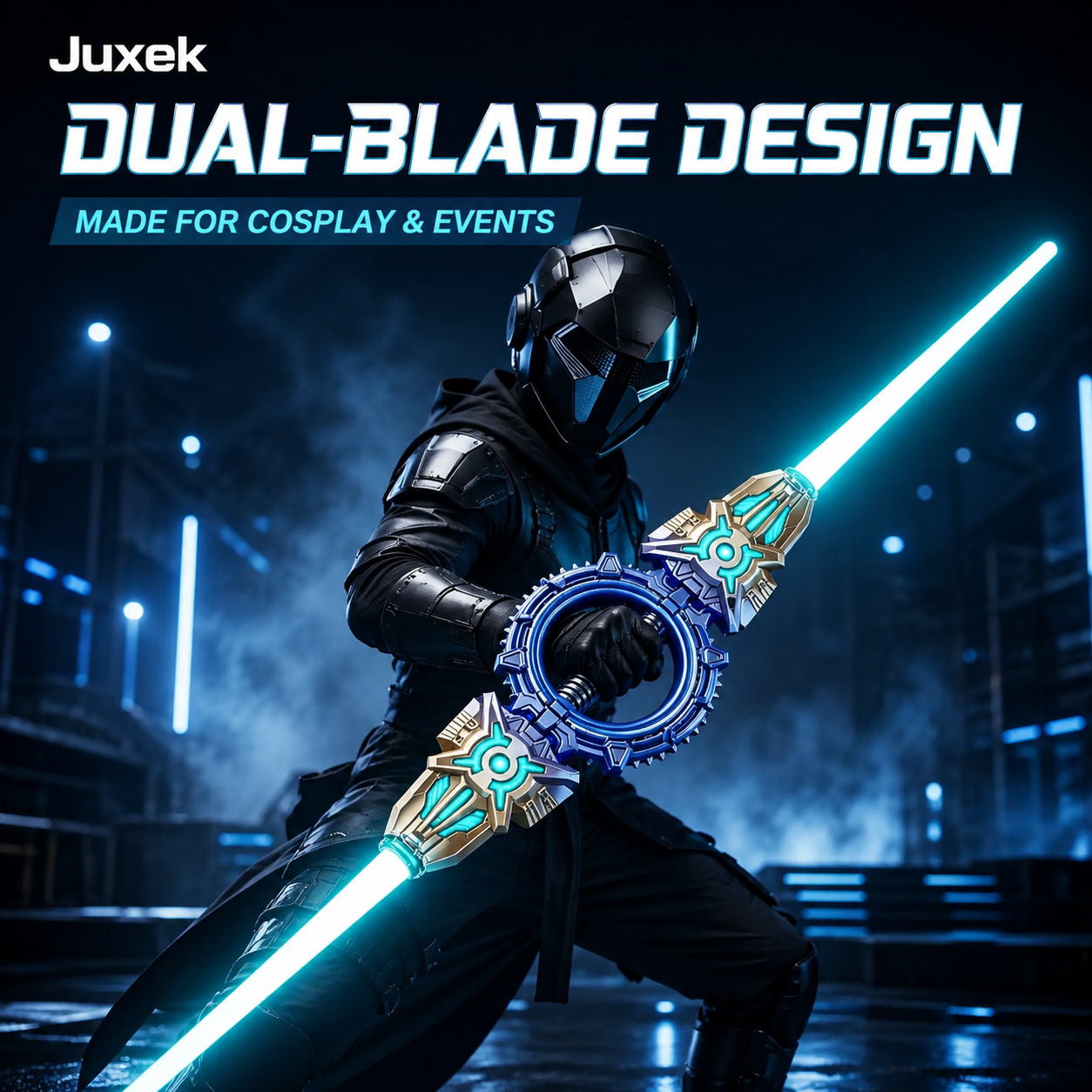 Cosplayer holding the Juxek dual-blade LED light sword