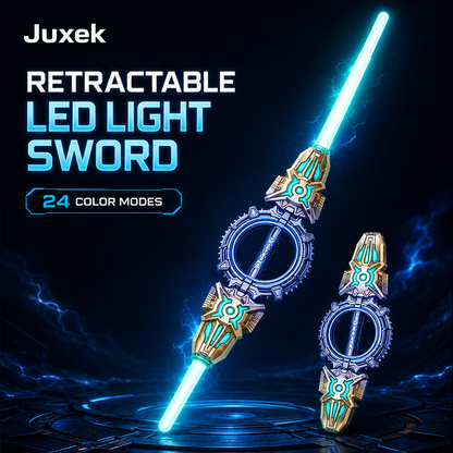 Juxek Retractable LED Light Sword, 24 Color Modes, 360° Spinning Dual-Blade Toy with Sound Effects & USB-C Charging for Cosplay, Parties and Gifts
