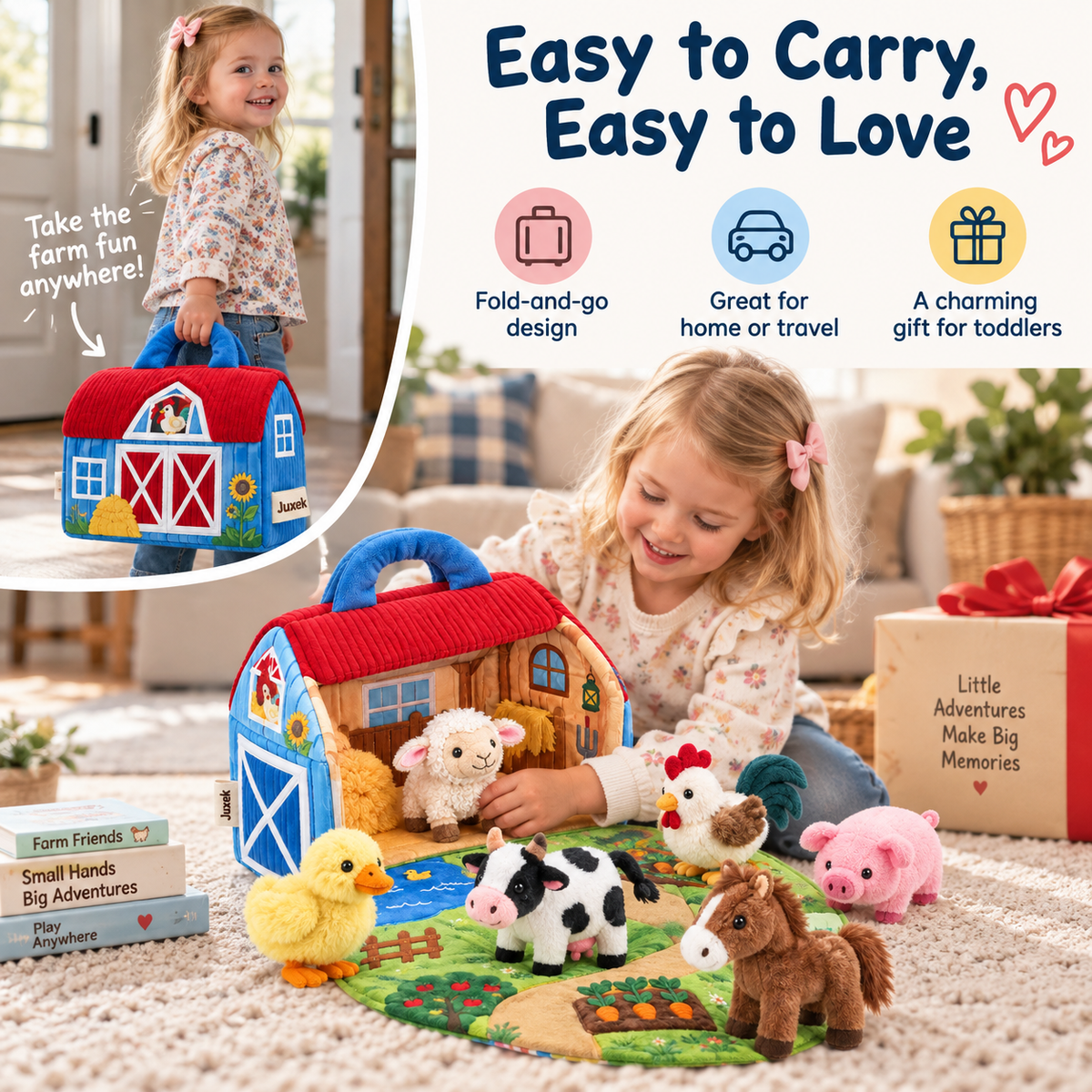 Juxek Fold & Play Farm Adventure Set – Plush Animal Sensory Barn for Toddlers